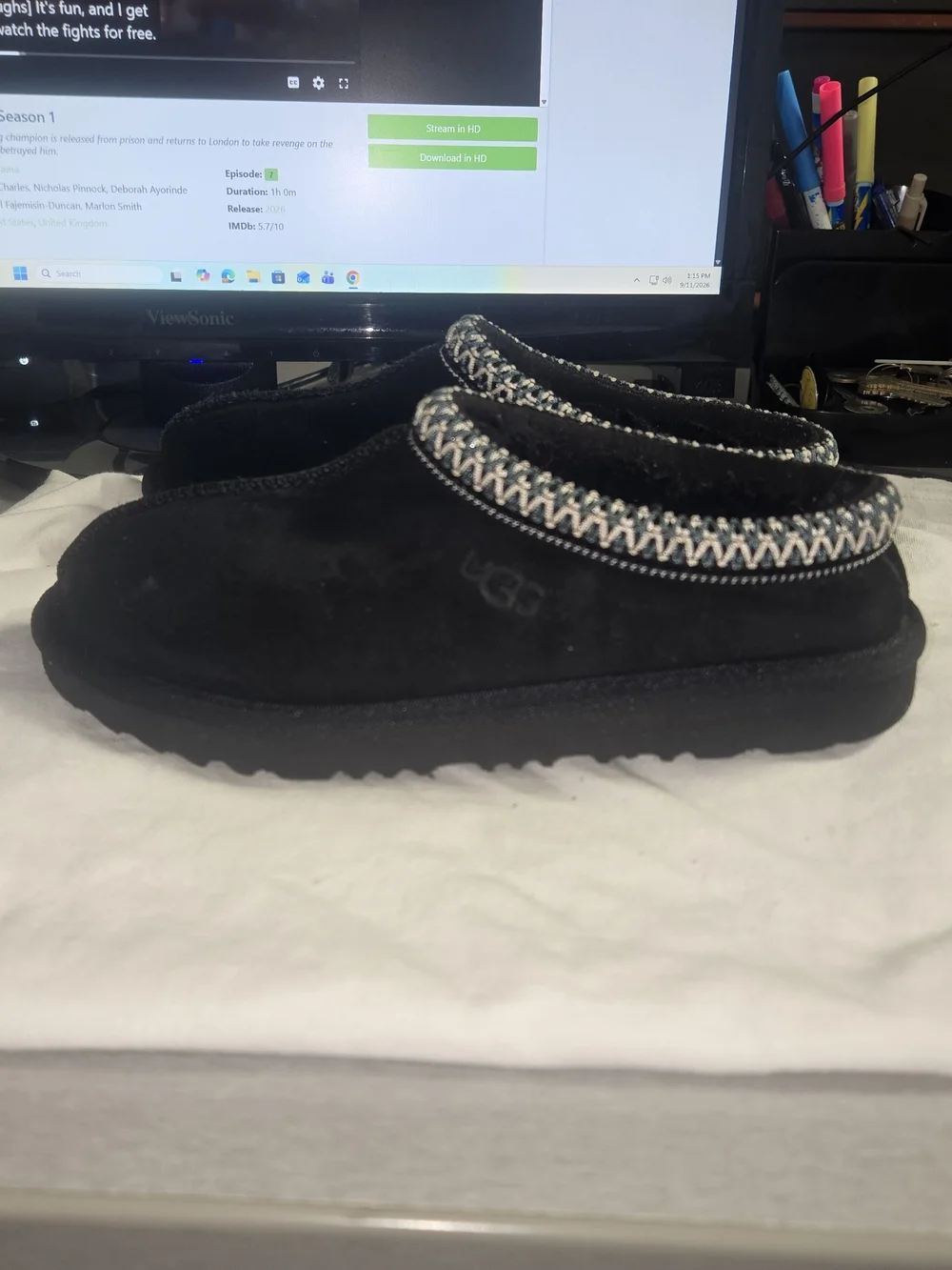 UGG Kids Black Suede Slip-On Slippers with Patterned Cuff